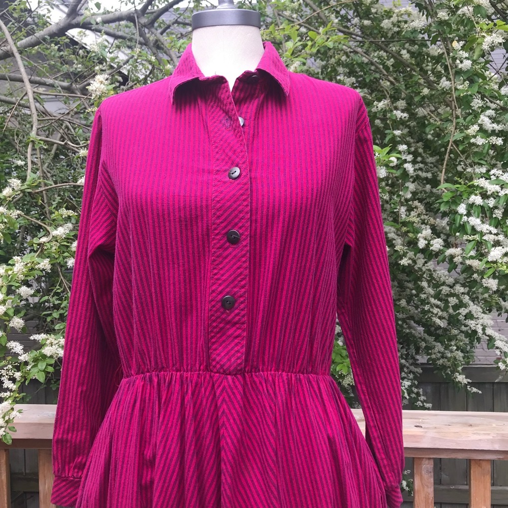 Vintage Raspberry Striped Cotton Shirtdress Med Large - Picture 4 of 7